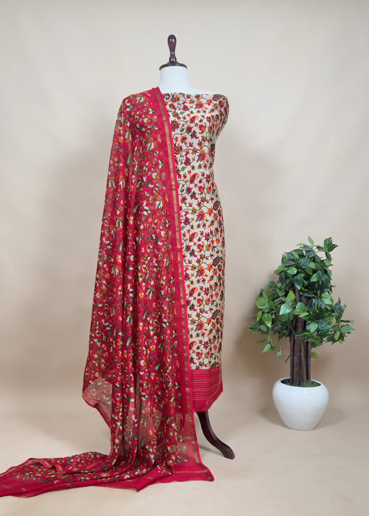 Red Kantha-Embroidered Maheshwari Silk Suit in Kani Print