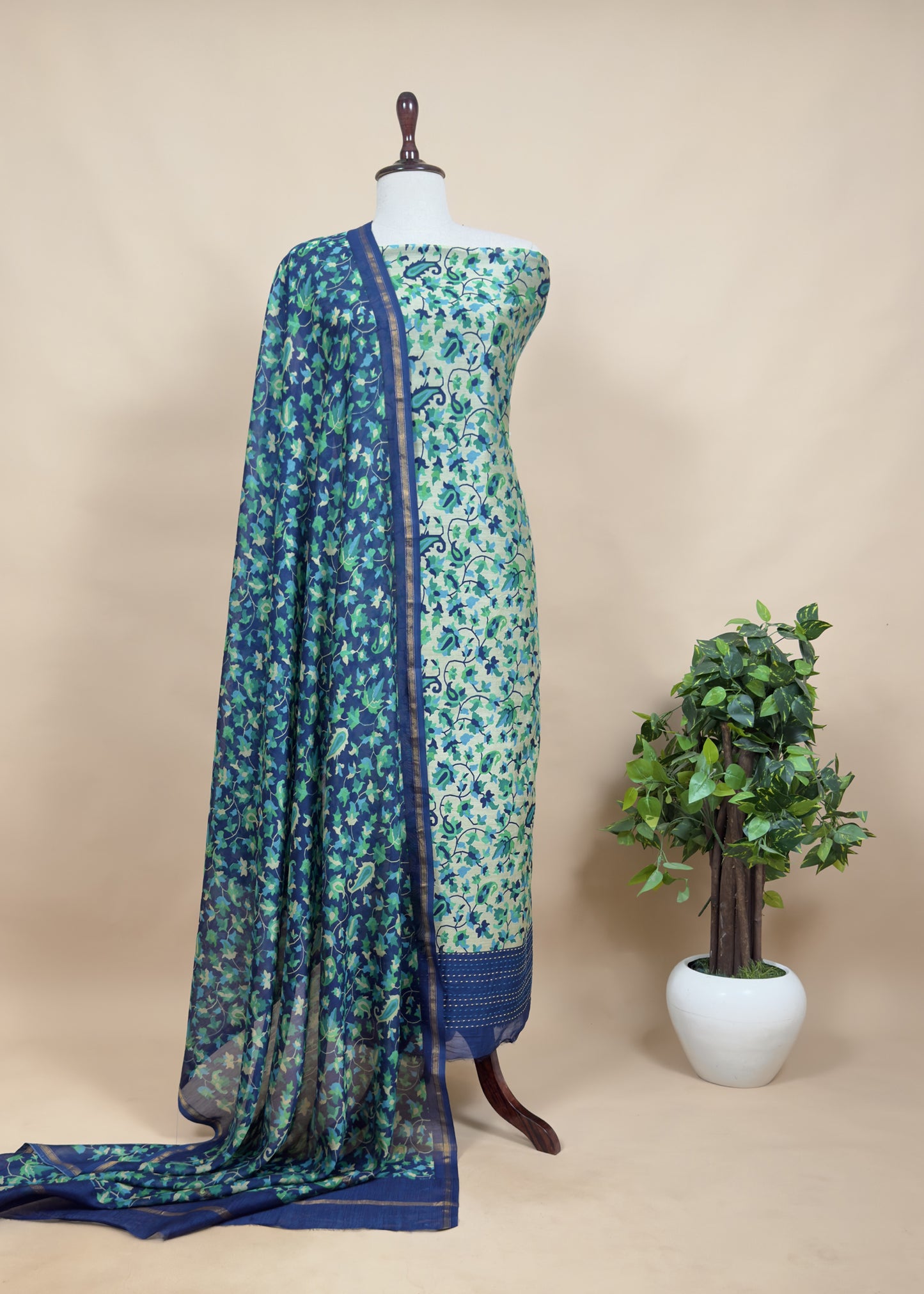 Blue Kantha-Embroidered Maheshwari Silk Suit in Kani Print