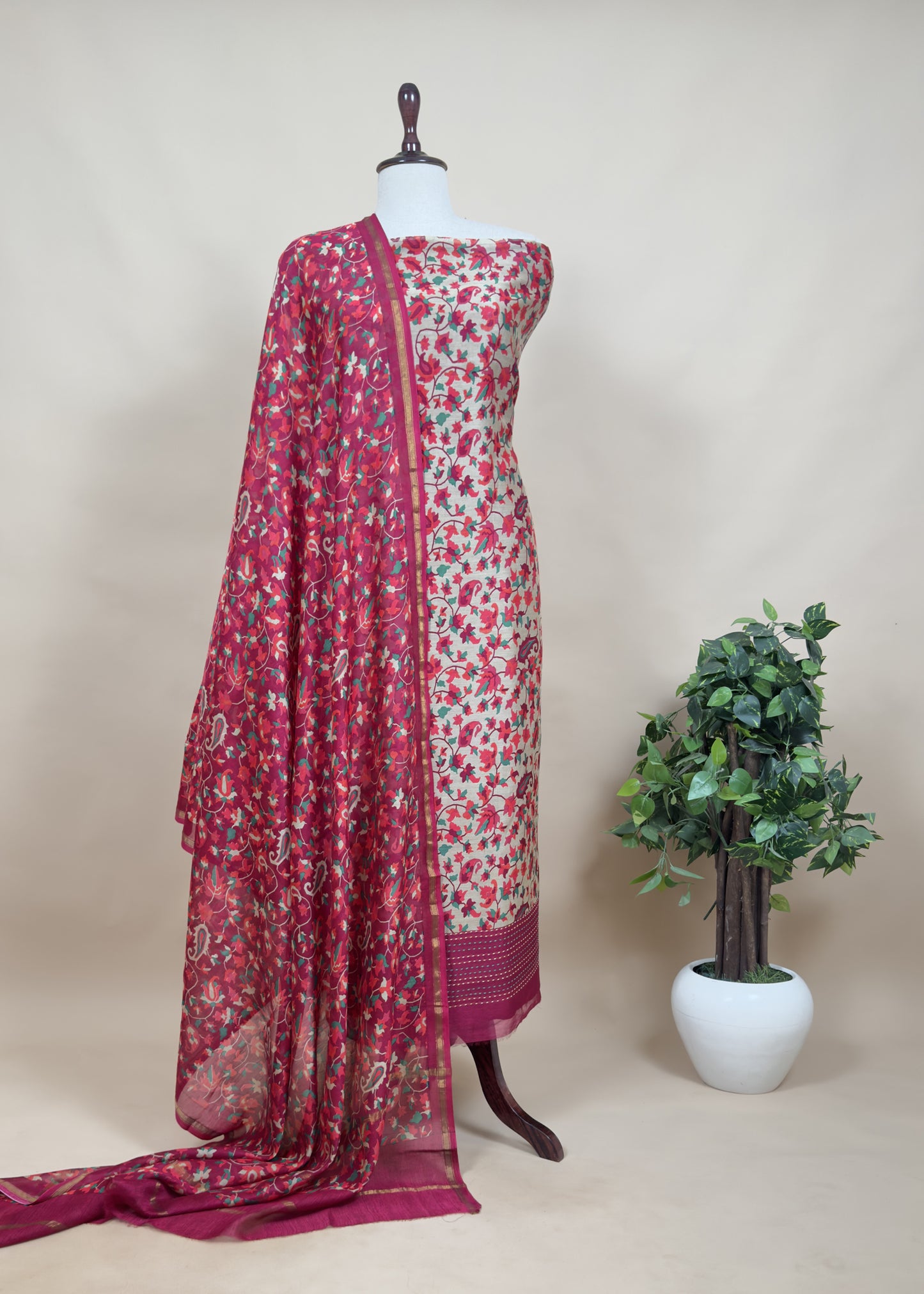 Blue Kantha-Embroidered Maheshwari Silk Suit in Kani Print