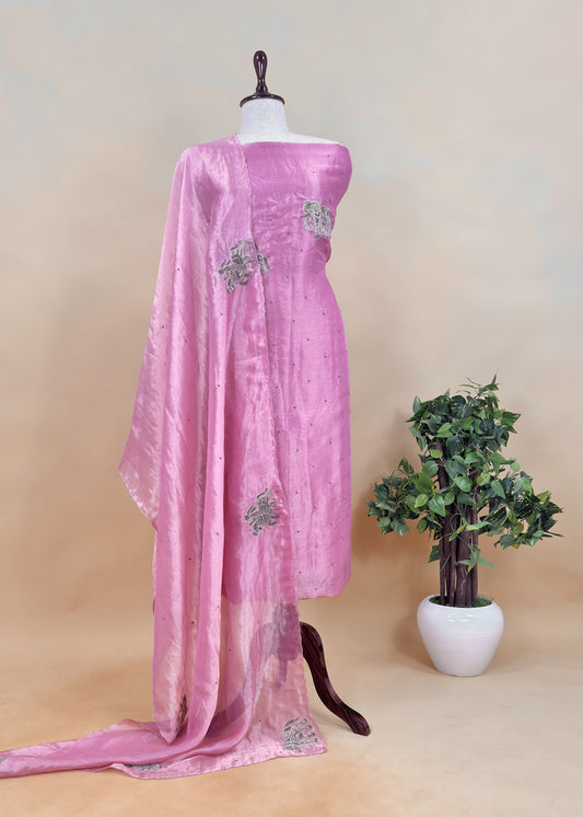 Taffy Pink Handloom Tissue silk Suit fabric with Shikagarh haathi ghoda Handwork