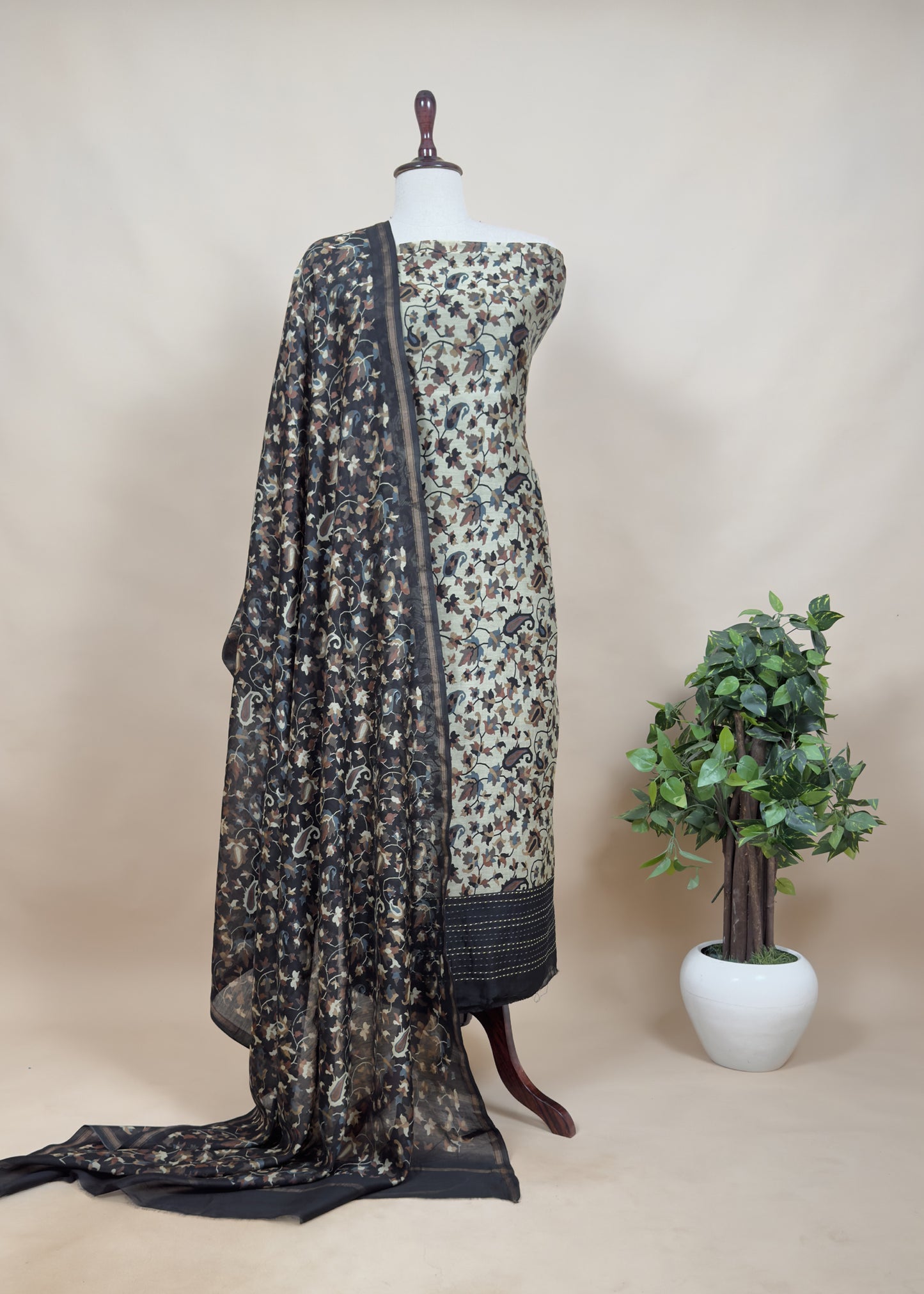 Blue Kantha-Embroidered Maheshwari Silk Suit in Kani Print
