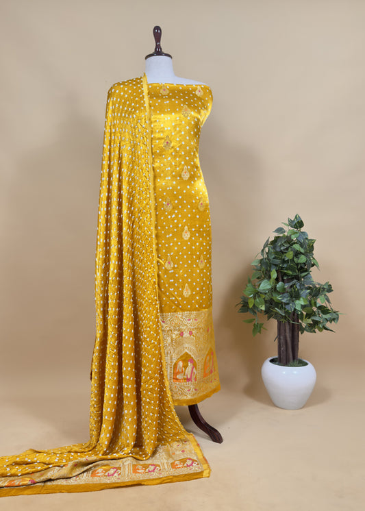 Heer Marigold Yellow Pure Gajji Silk Bandhani Suit With Gold Banarasi Weaving
