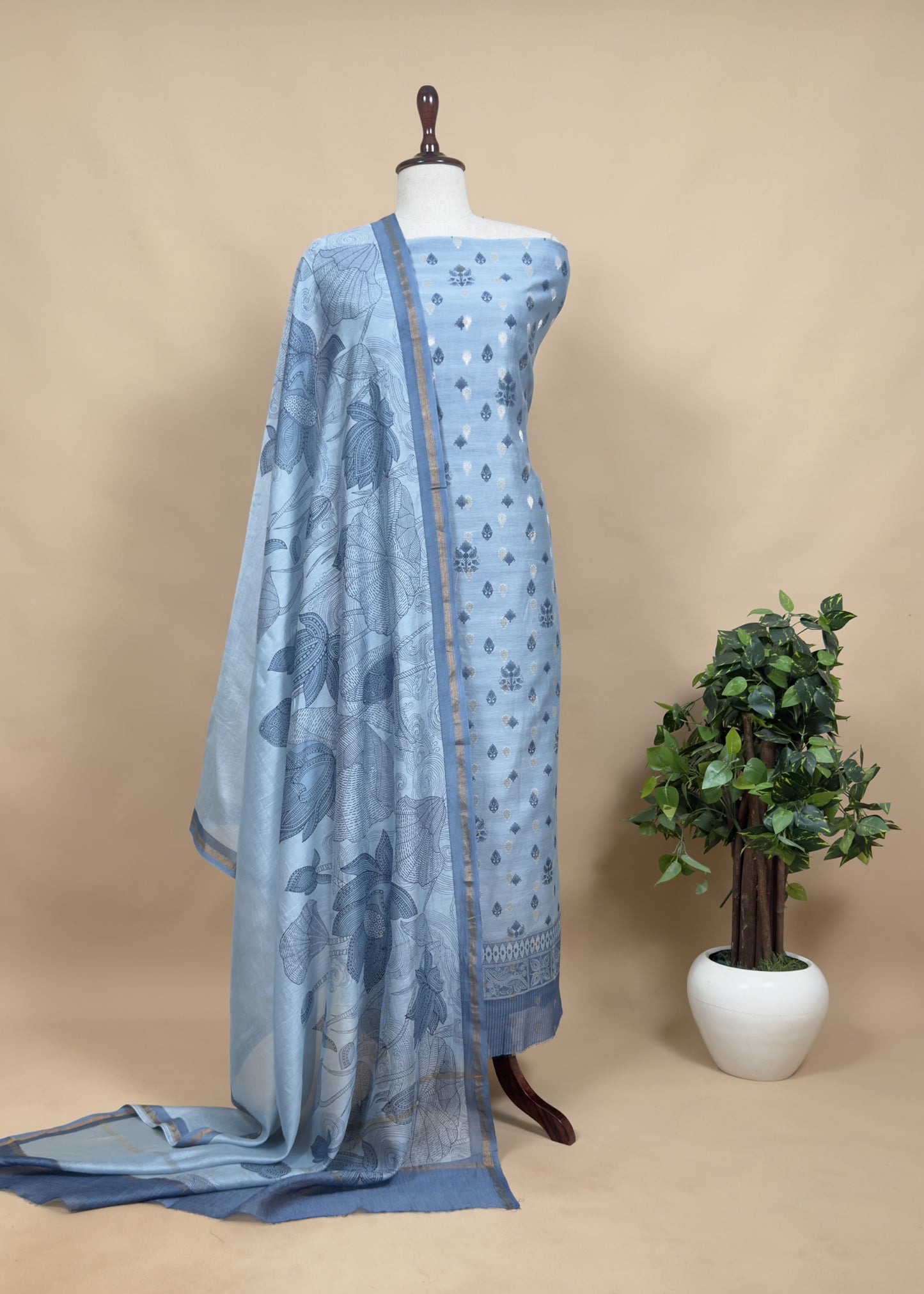 Blue Pure Maheshwari With Traditional Hand Block Print