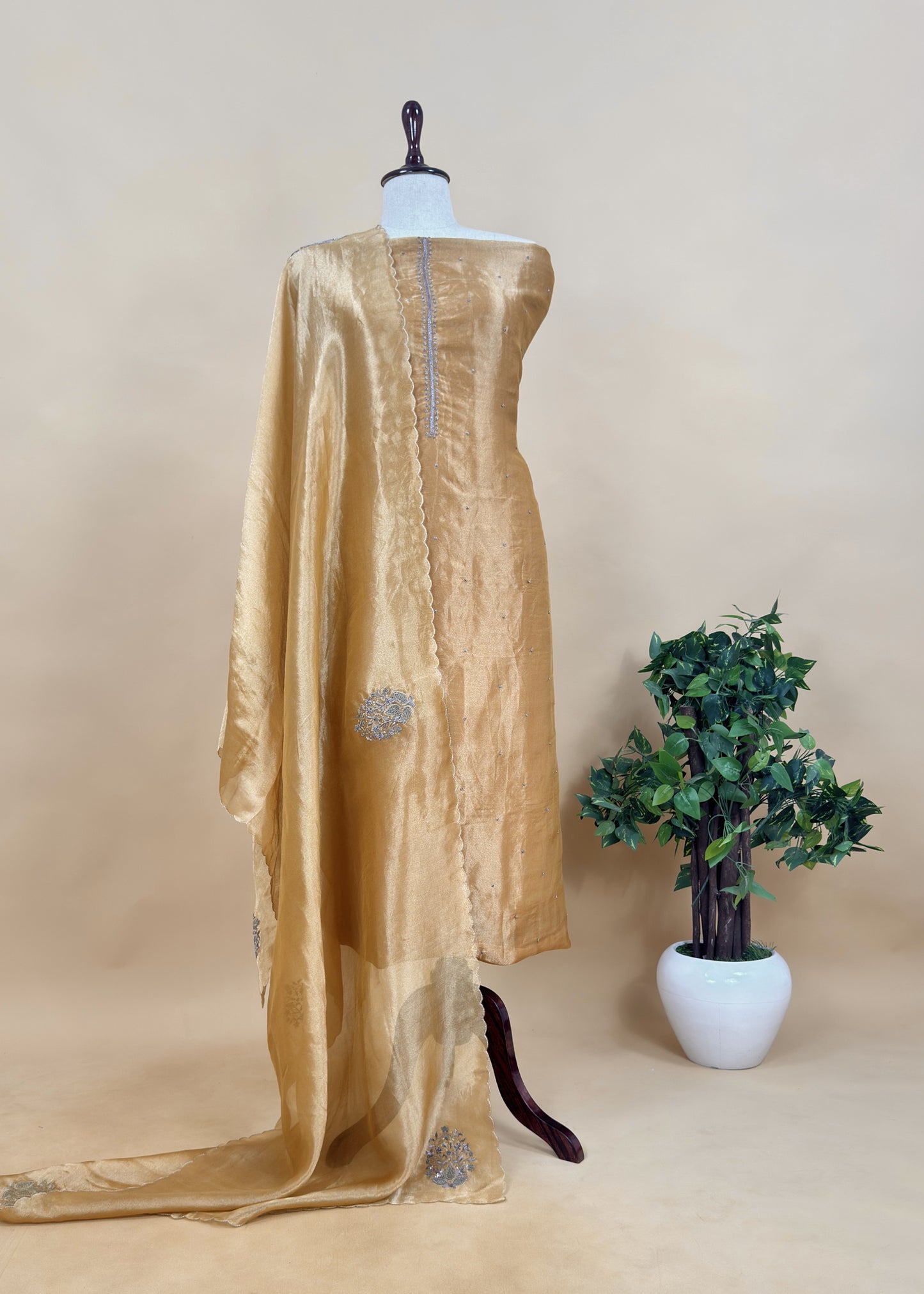 Goldan Yellow Pure Tissue Silk Suit With Dori Hand Embroidery