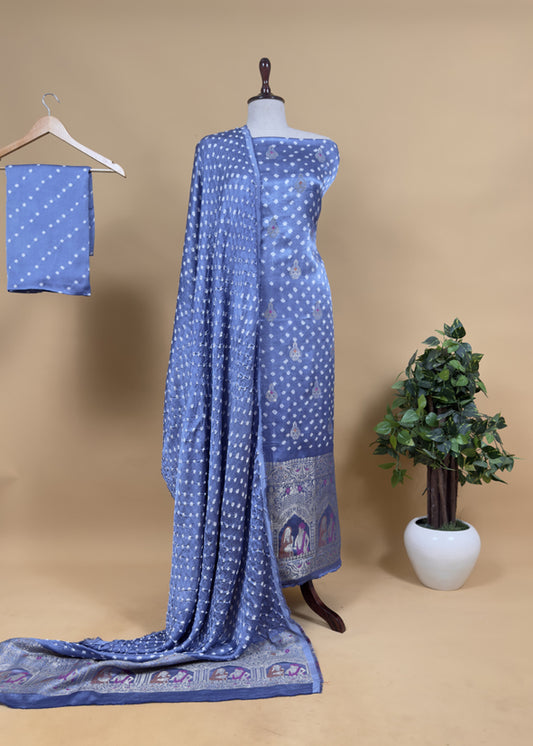 Heer Steel Blue Pure Gajji Silk Bandhani Suit With Gold Banarasi Weaving