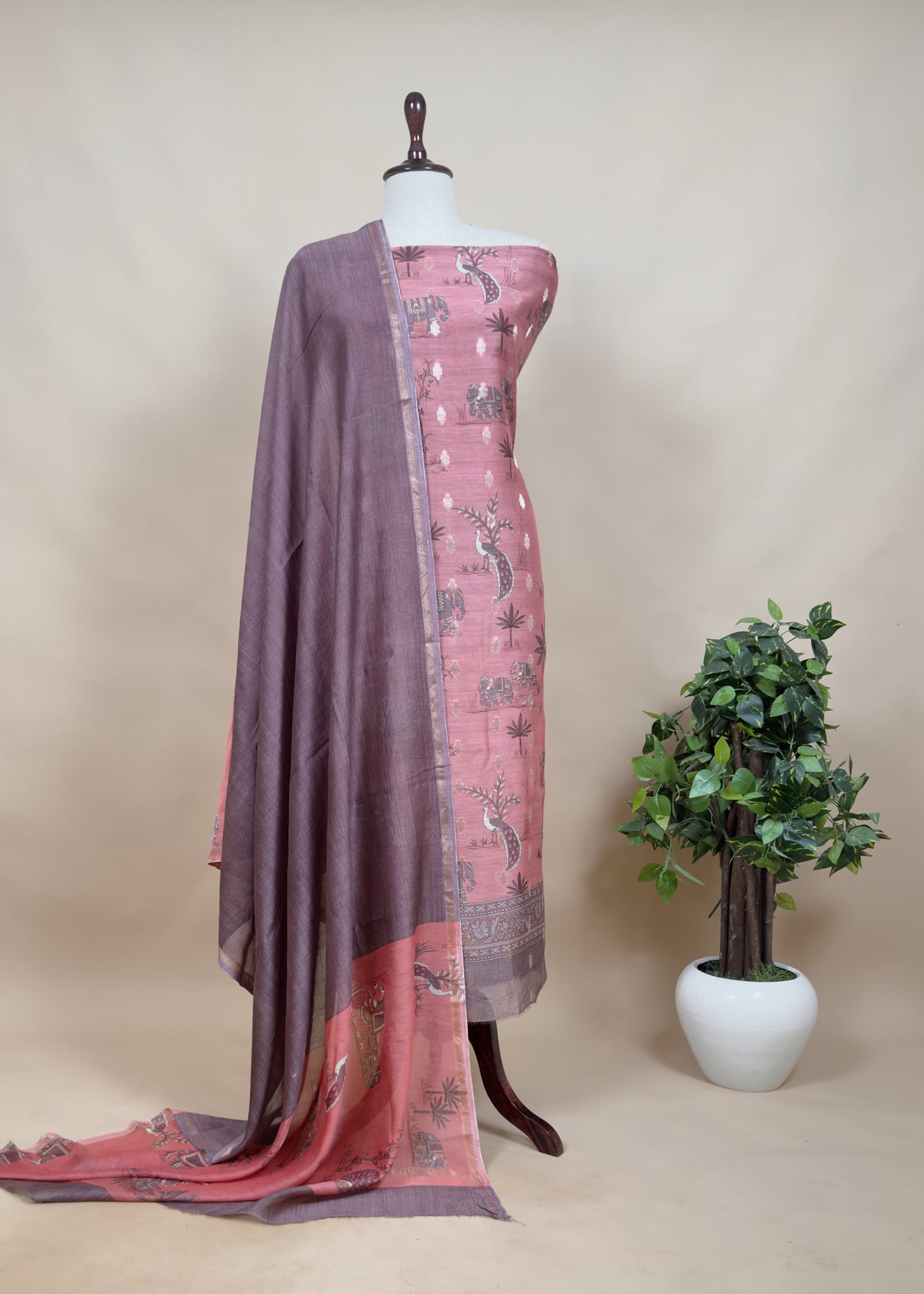 Pure Shikagarh Maheshwari Silk Suit Fabric With Banarasi Bootis