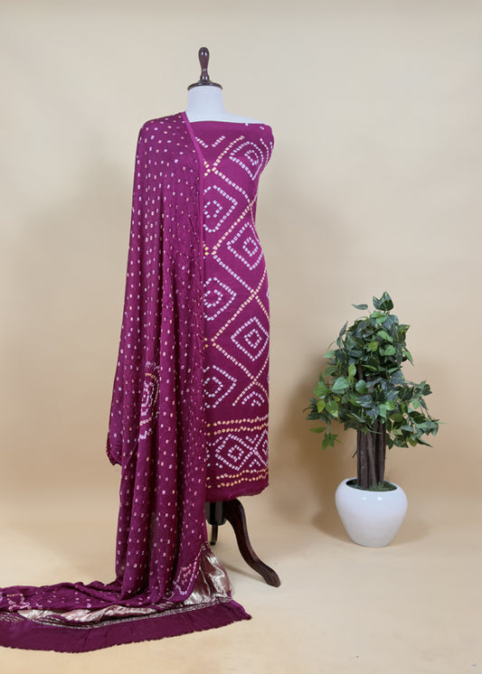 Heer Grape Purple Pure Gajji Silk Gharchola Bandhani Suit With Gold Lakdi patta weaving