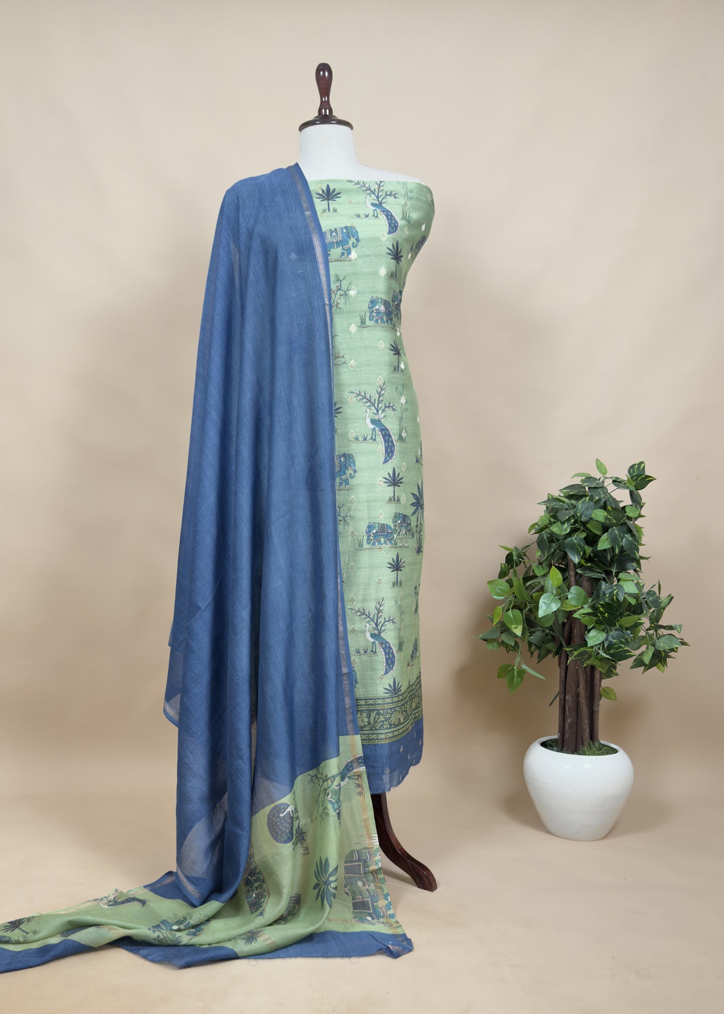 Pure Shikagarh Maheshwari Silk Suit Fabric With Banarasi Bootis