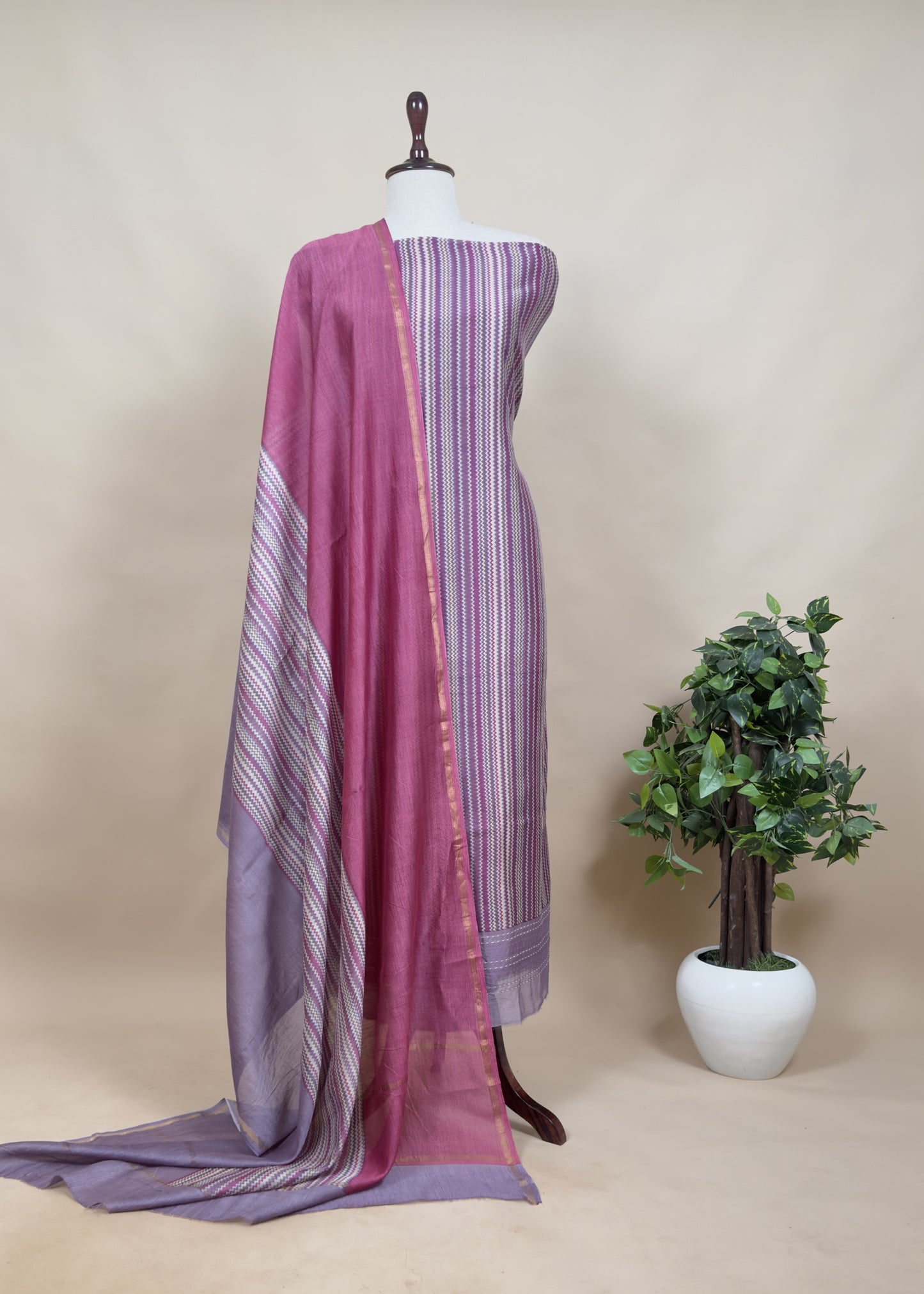 Blue And Green Pure Maheshwari Silk Suit With Kantha Handwork