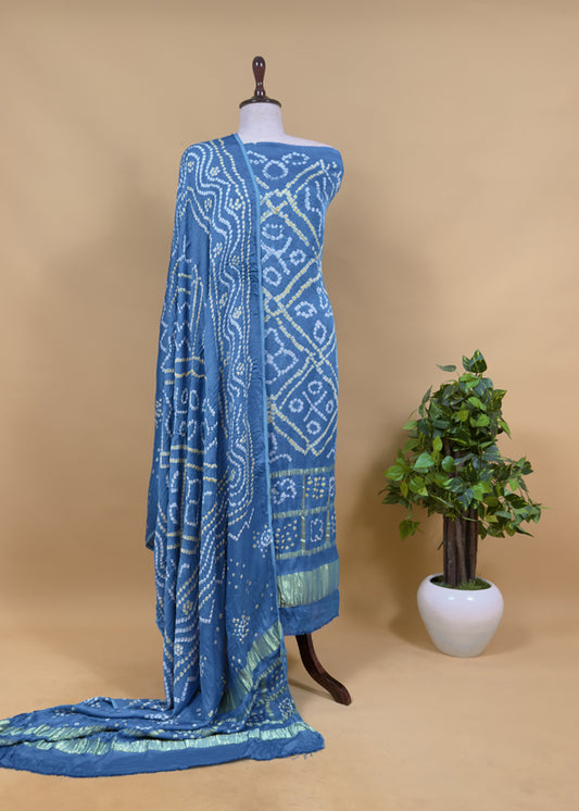 Heer Firozi Pure Gajji Silk Gharchola Bandhani Suit With Gold Lakdi Patta Weaving