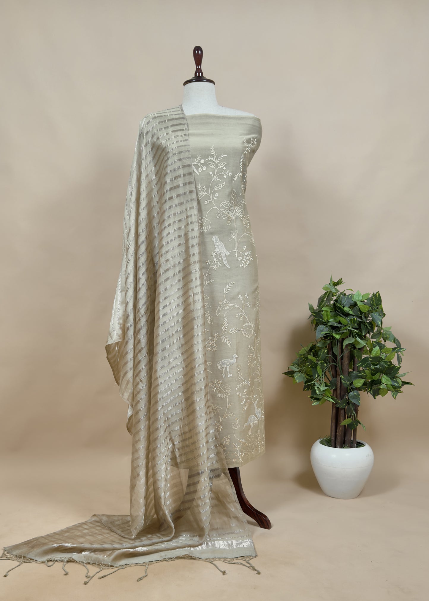 Sage Green Chidiya Mul Cotton Suit Set With Zari Lurex Dupatta