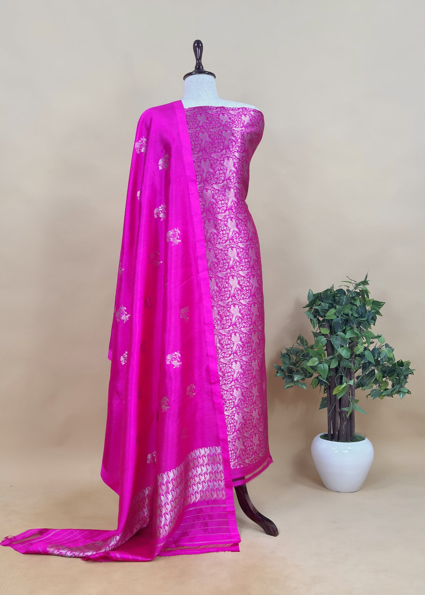 Rani Pink Chidiya Handloom Katan Silk Suit Fabric With Kadwa Weaving