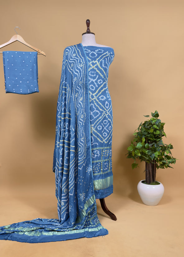 Heer Firozi Pure Gajji Silk Gharchola Bandhani Suit With Gold Lakdi Patta Weaving