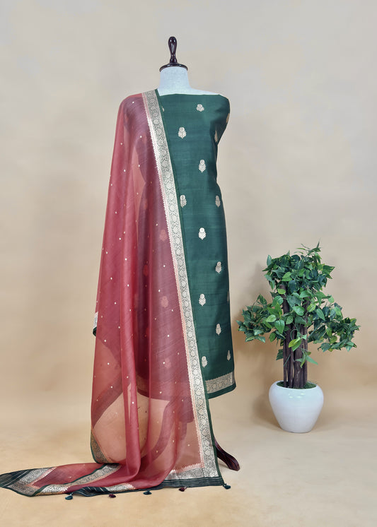 Green Unstitched Silk Suit In Kadhua Weaves