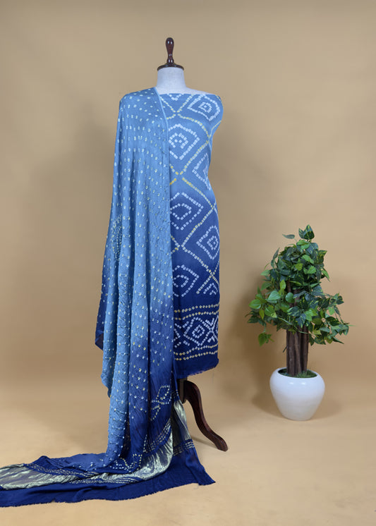 Heer Blue Pure Gajji Silk Bandhani Suit With Gold Lakdi Patta