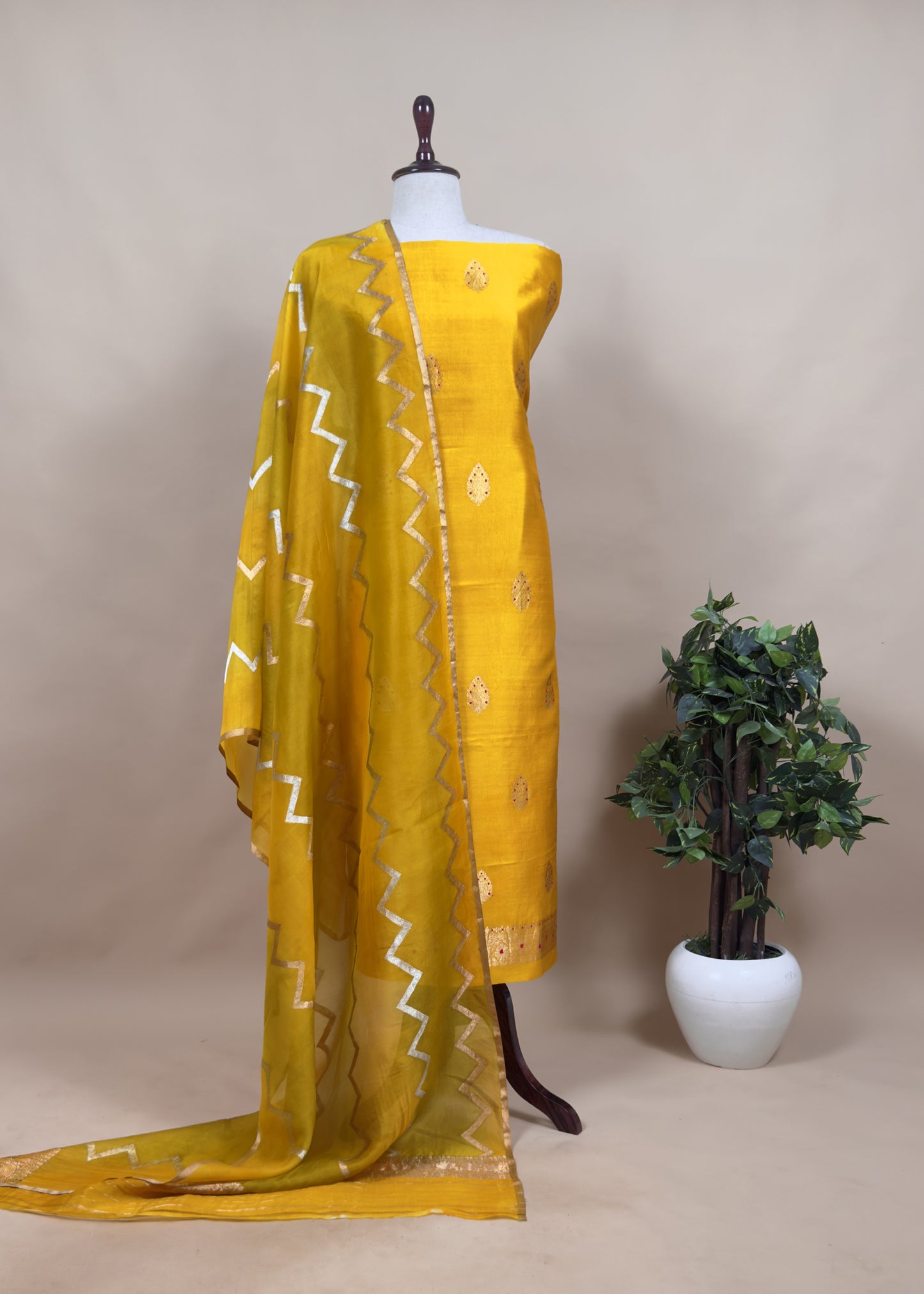 Mustard Yellow Handwoven Banarasi Silk Suit With Gold Zari Weaving