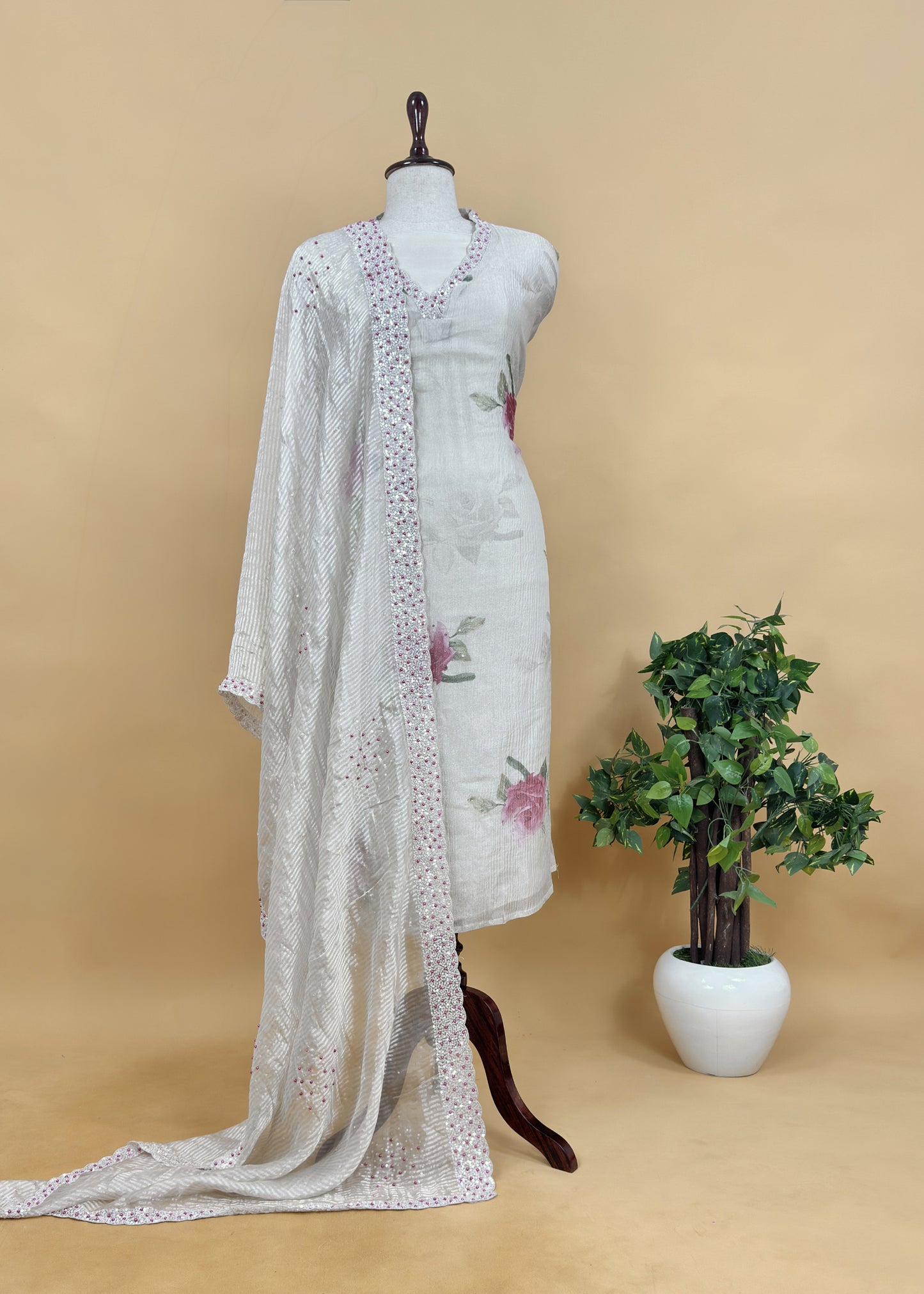 Pastel Unstitched Dupatta-Suit In Handloom Tissue-Silk With Pearl And Sequins