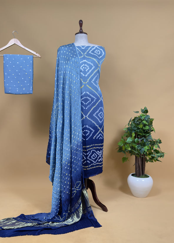 Heer Blue Pure Gajji Silk Bandhani Suit With Gold Lakdi Patta