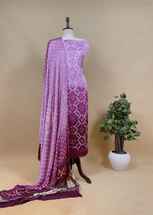 Heer Pink Pure Gajji Silk Bandhani Suit with Gold Lakdi Patta