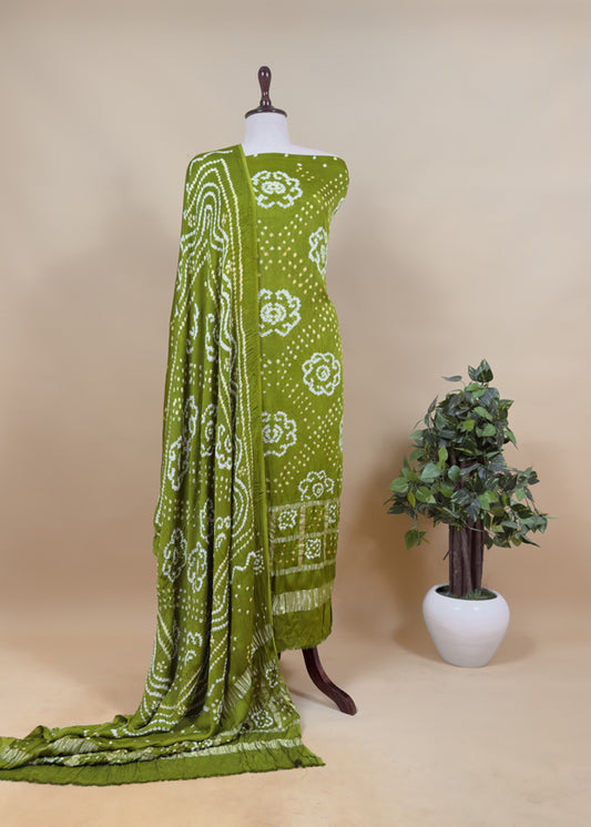 Heer Green Pure Gajji Silk Gharchola Bandhani Suit With Gold Lakdi Patta Weaving