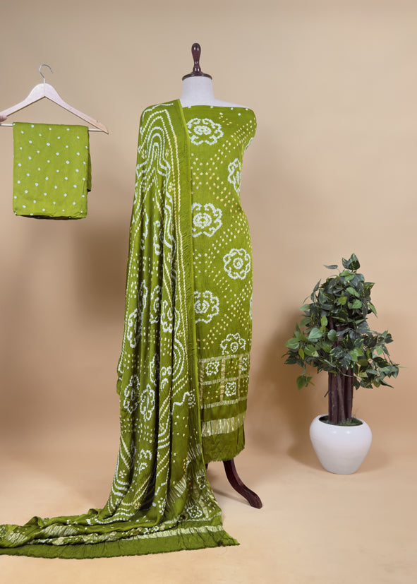 Heer Green Pure Gajji Silk Gharchola Bandhani Suit With Gold Lakdi Patta Weaving