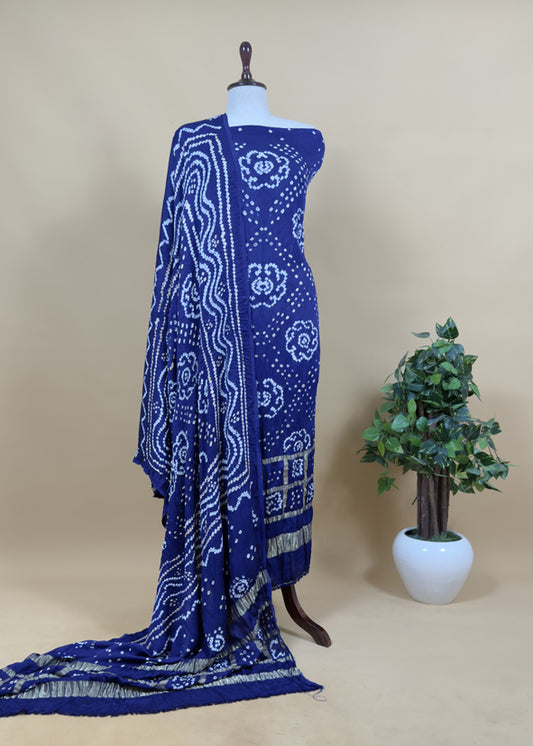 Heer Azure Blue Pure Gajji Silk Gharchola Bandhani Suit with Gold Lakdi patta weaving
