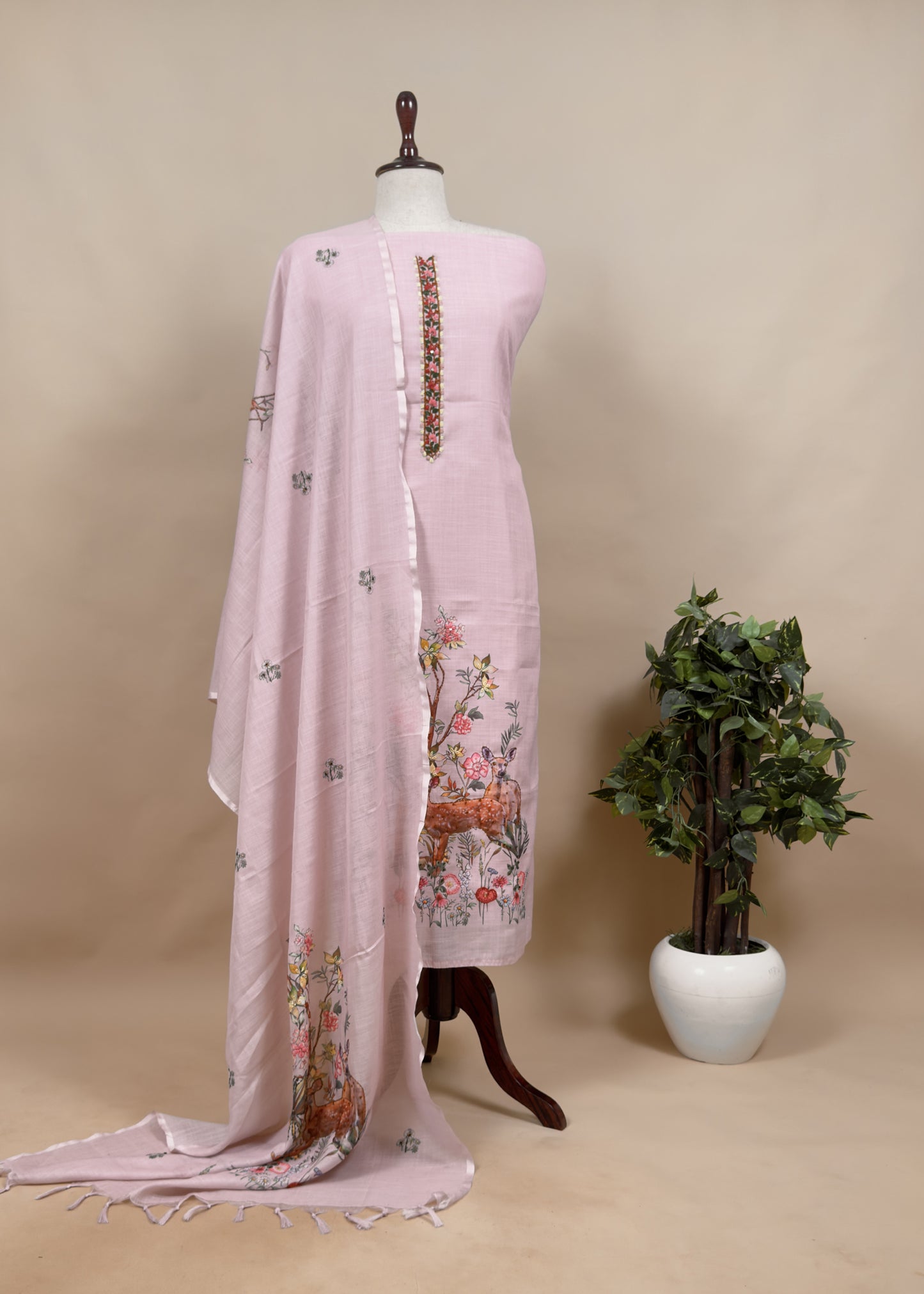 Powder Purple Linen Deer Suit Fabric With Kantha Hand Embroidery