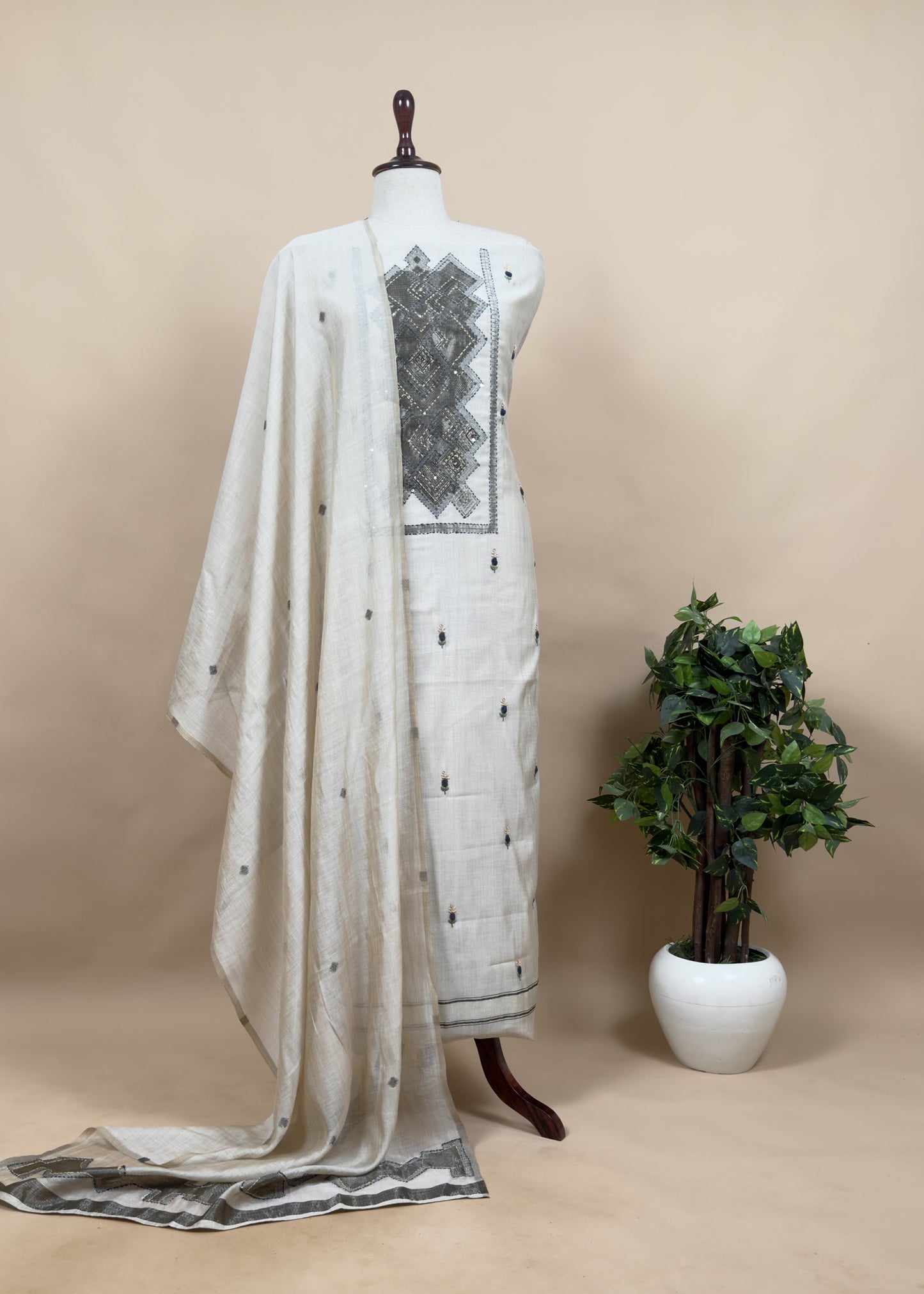 Off White With Blue French Knot Embroidered Jamdani Suit