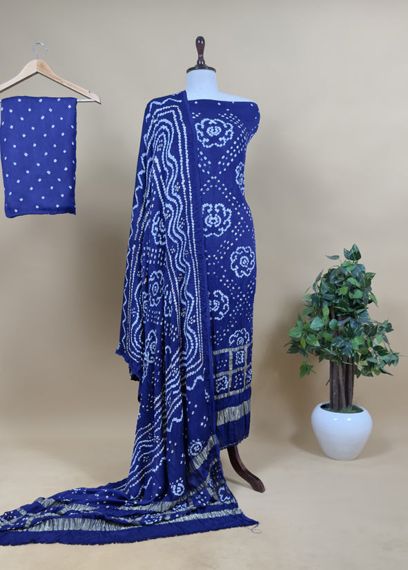 Heer Azure Blue Pure Gajji Silk Gharchola Bandhani Suit with Gold Lakdi patta weaving