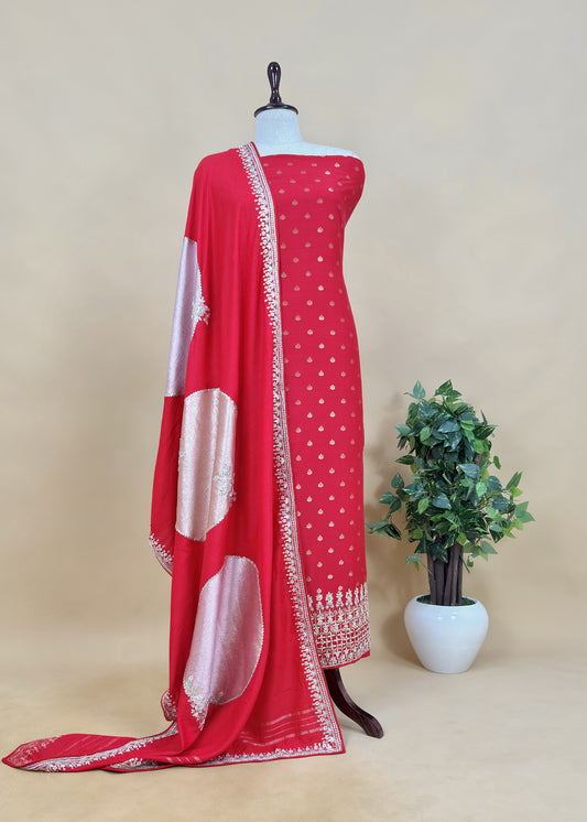 Laal Shagun Handloom Silk Suit Set With Appliqué, Dabka And Gotta Pati Handwork