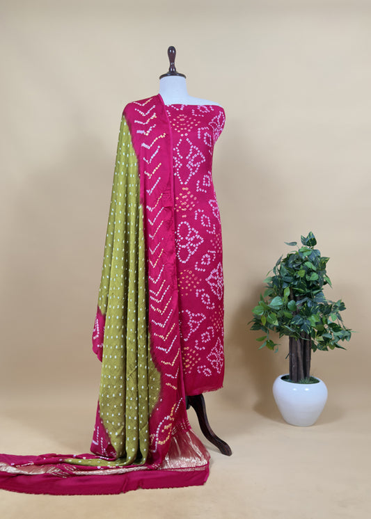 Heer Pink Pure Gajji Silk Bandhani Suit With Gold Lakdi patta