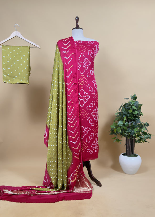 Heer Pink Pure Gajji Silk Bandhani Suit With Gold Lakdi patta