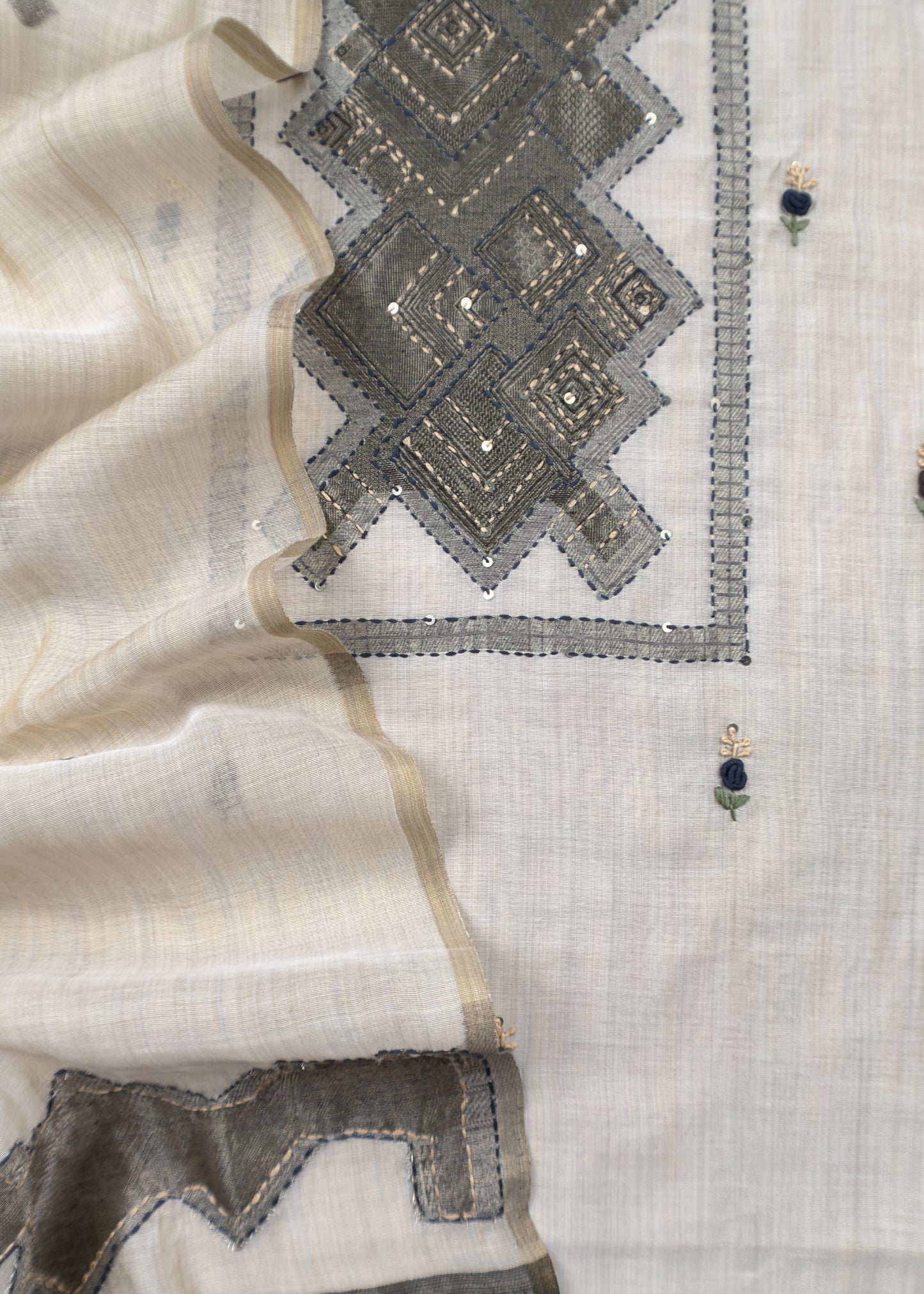 Off White With Blue French Knot Embroidered Jamdani Suit