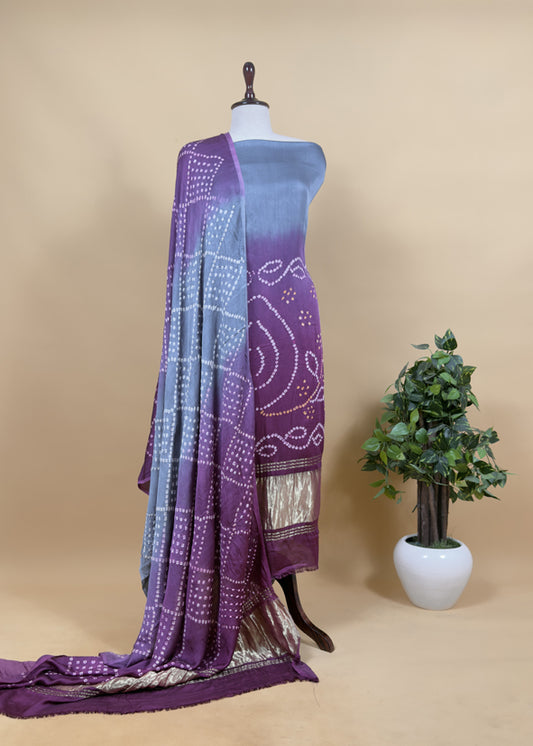 Heer Jamuni-Indigo ombré Pure Gajji Silk Bandhani Suit With Gold Lakdi patta