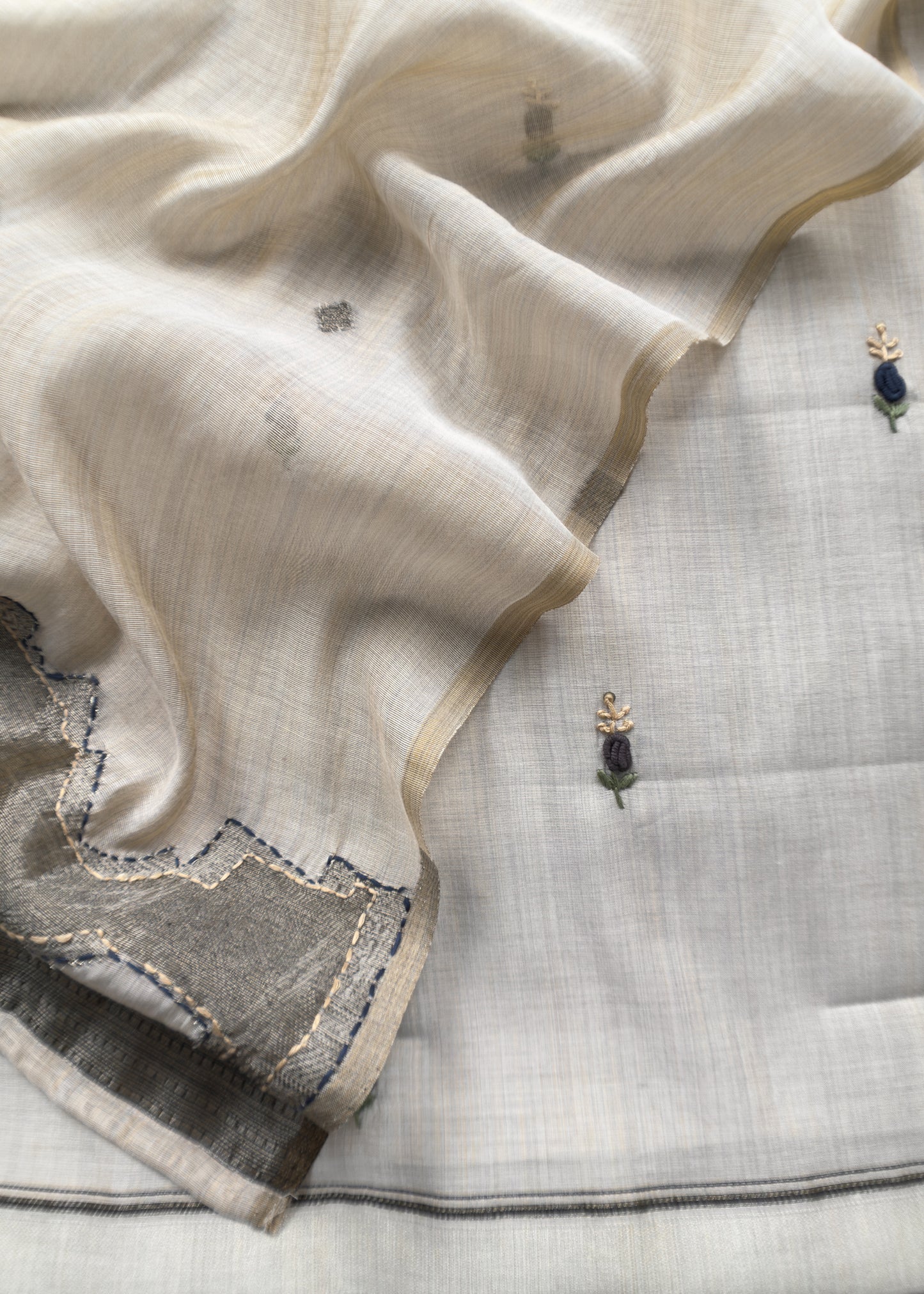 Off White With Blue French Knot Embroidered Jamdani Suit