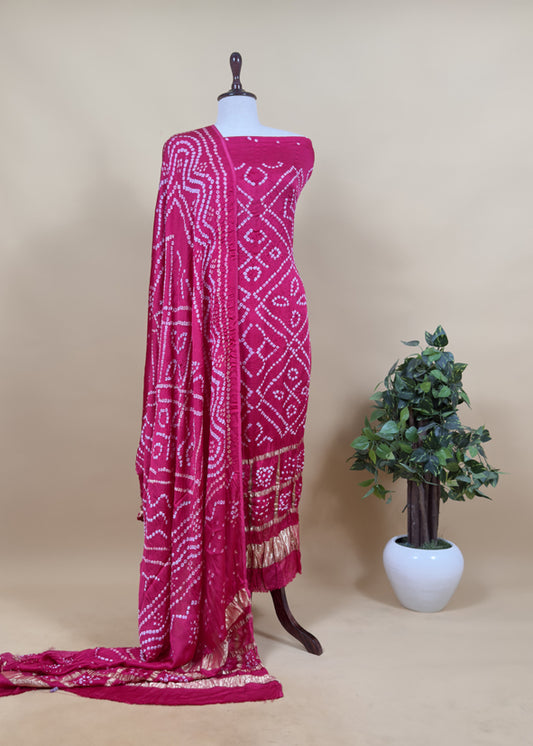 Heer Pink Pure Gajji Silk Gharchola Bandhani Suit With Gold Lakdi Patta weaving