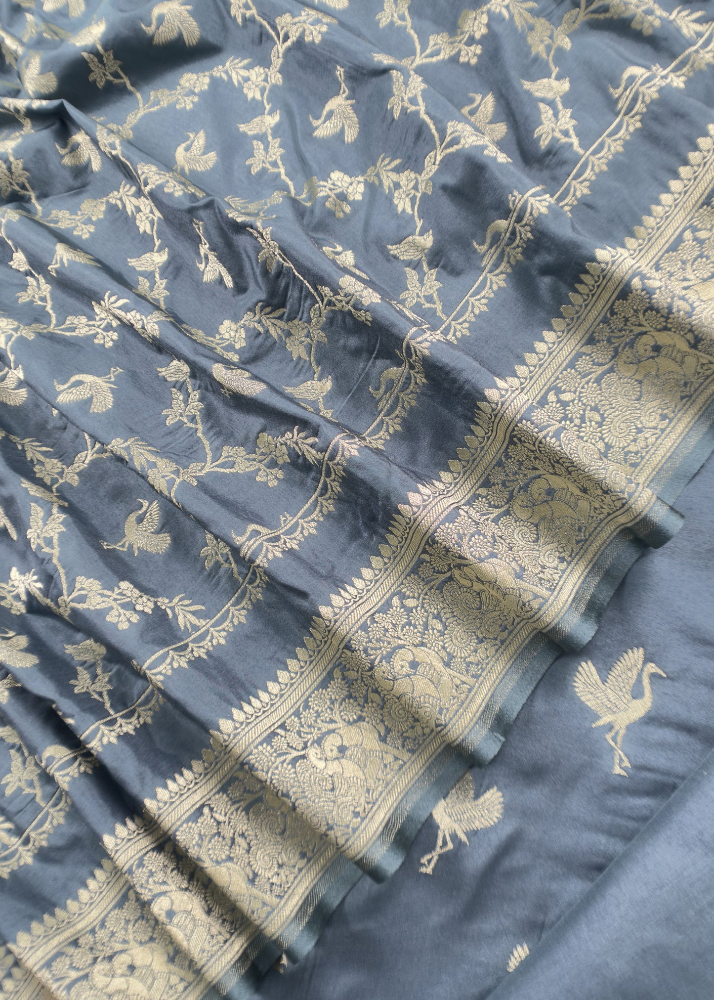 Blue Handloom Phool-Patti Weaving Suit In Katan Silk