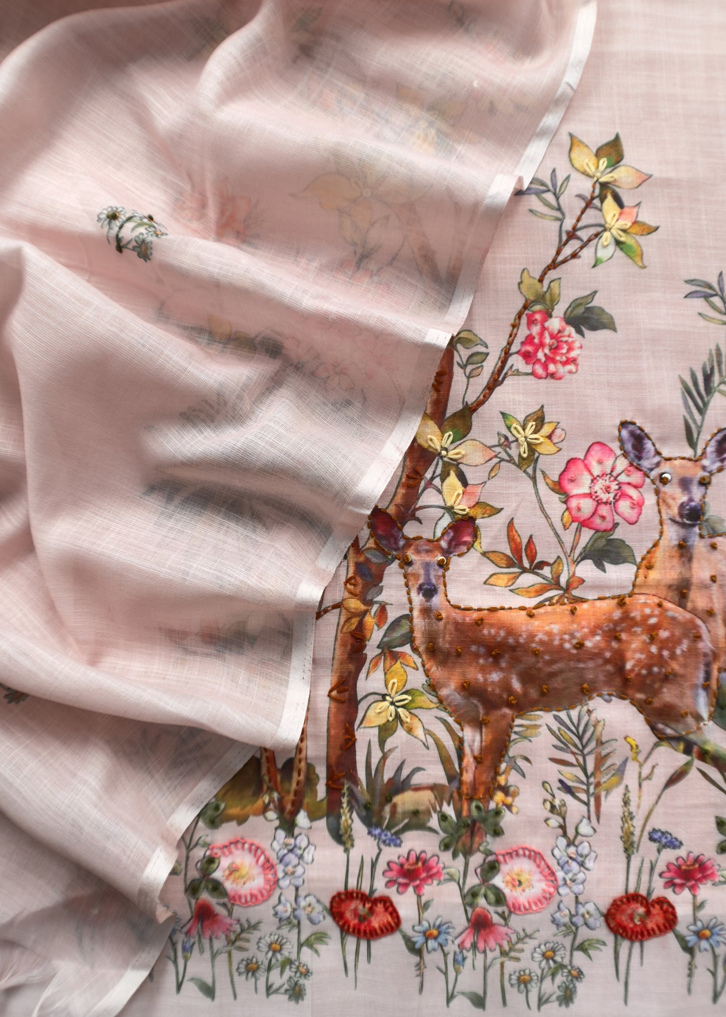 linen unstitched suit with kantha hand embroidery