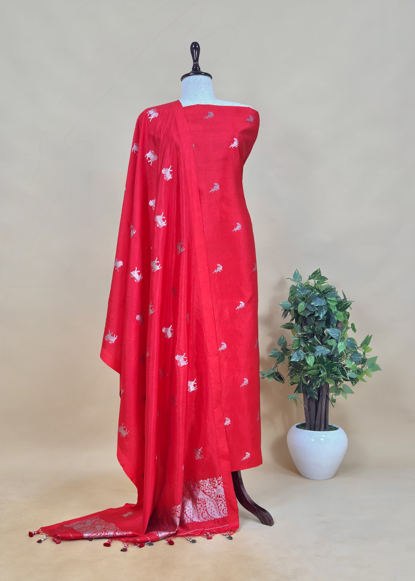 Red Chidiya Handloom Katan Silk Suit Fabric