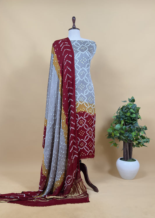 Heer Gray Pure Gajji Silk Bandhani Suit With Gold Lakdi Patta