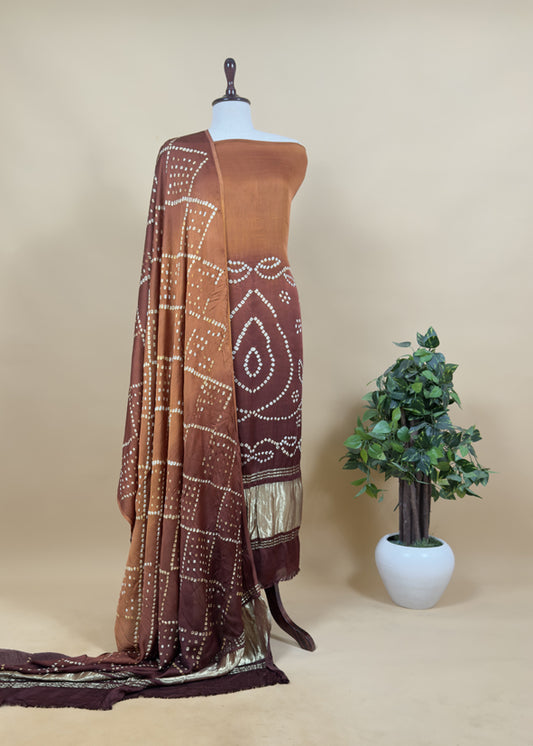 Heer Brown Pure Gajji Silk Gharchola Bandhani Suit With Gold Lakdi Patta Weaving