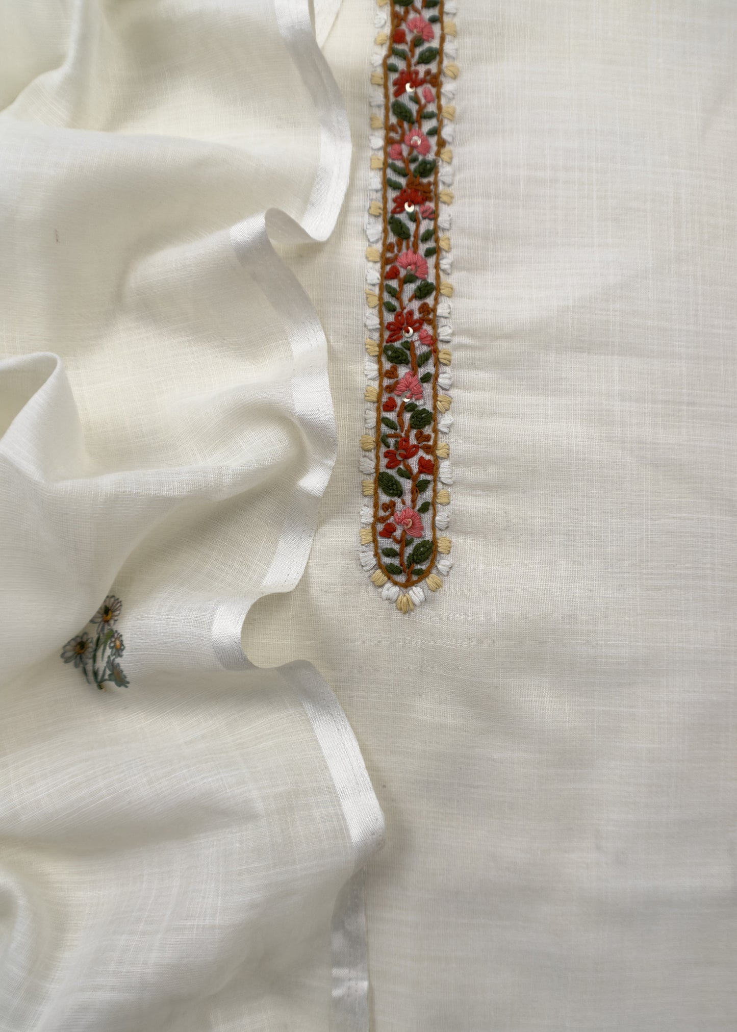 Off White Linen Deer Suit Fabric With Kantha Hand Embroidery