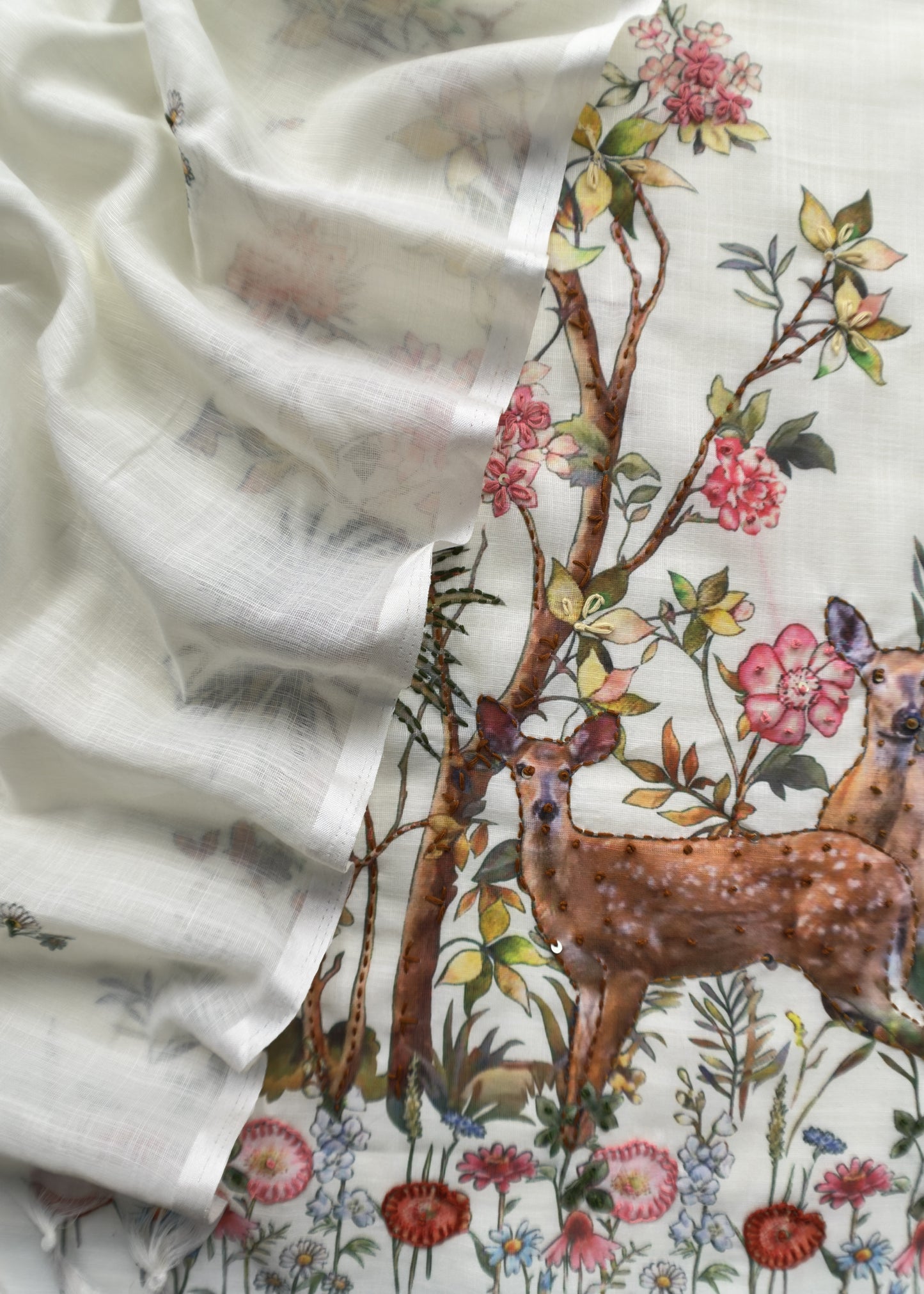 Off White Linen Deer Suit Fabric With Kantha Hand Embroidery