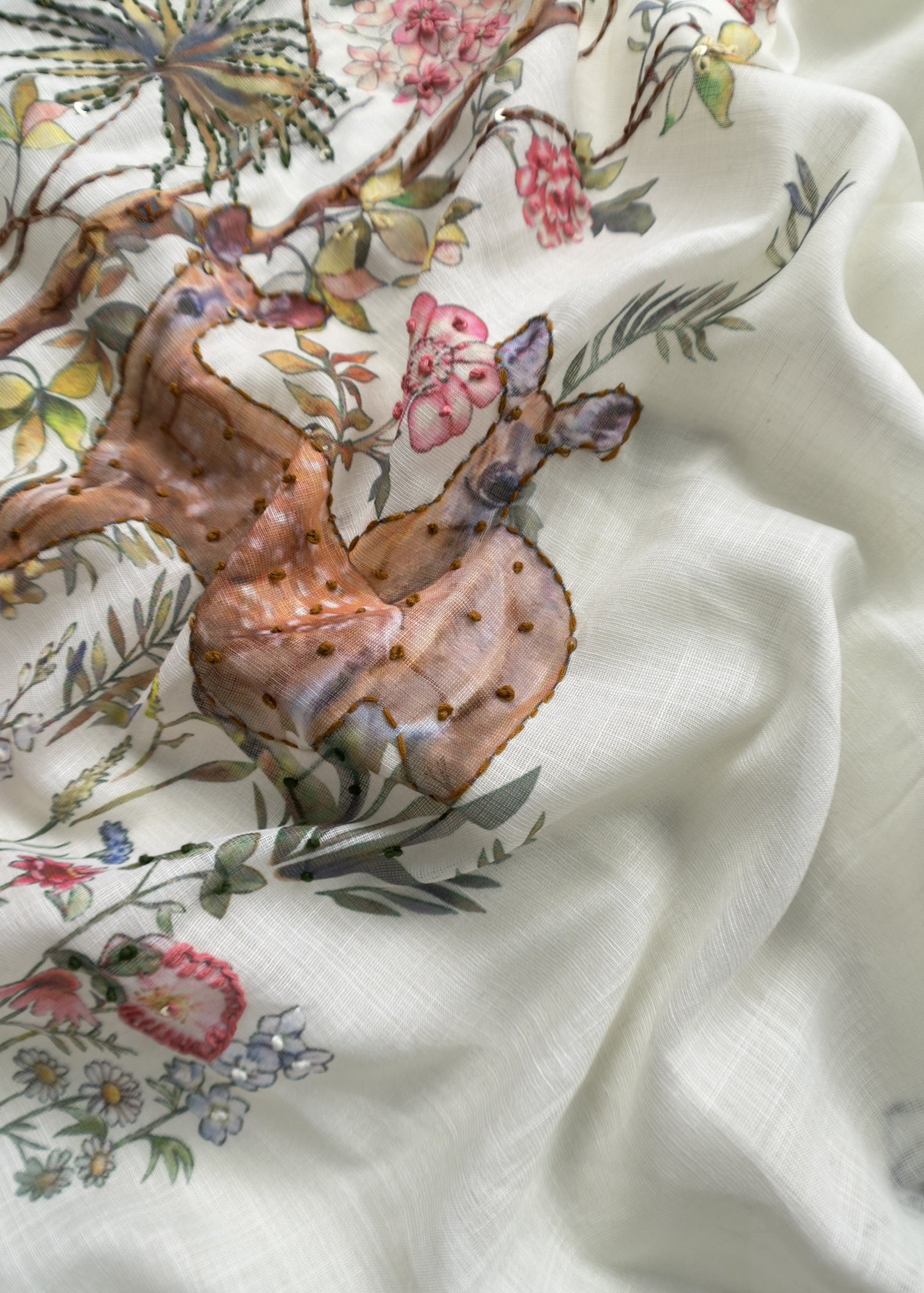 Off White Linen Deer Suit Fabric With Kantha Hand Embroidery
