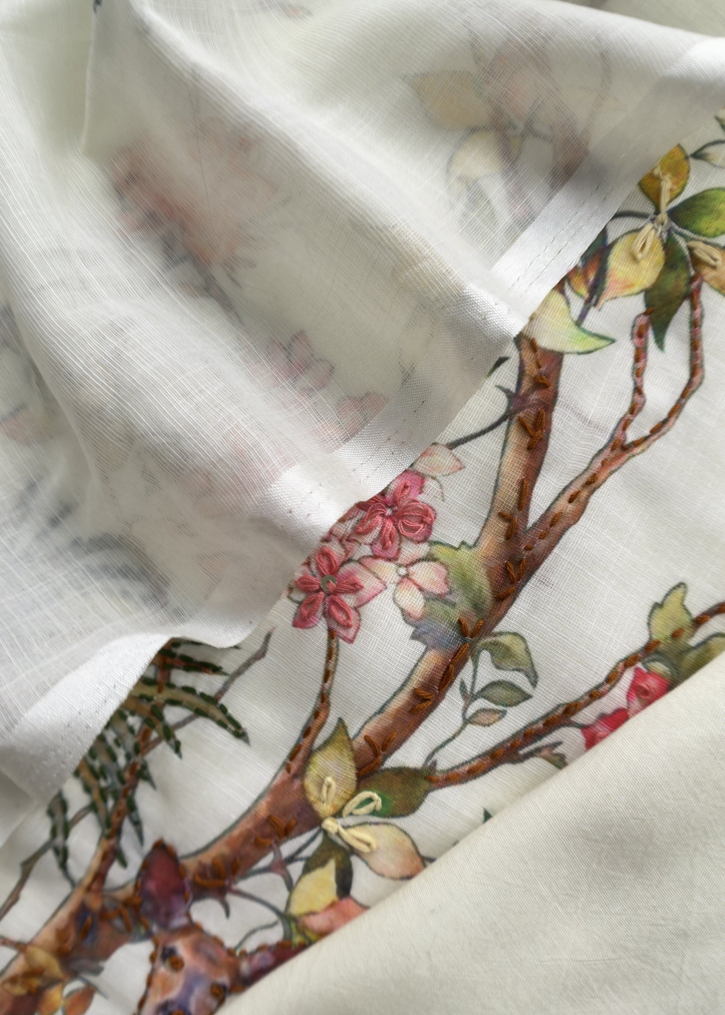 Off White Linen Deer Suit Fabric With Kantha Hand Embroidery