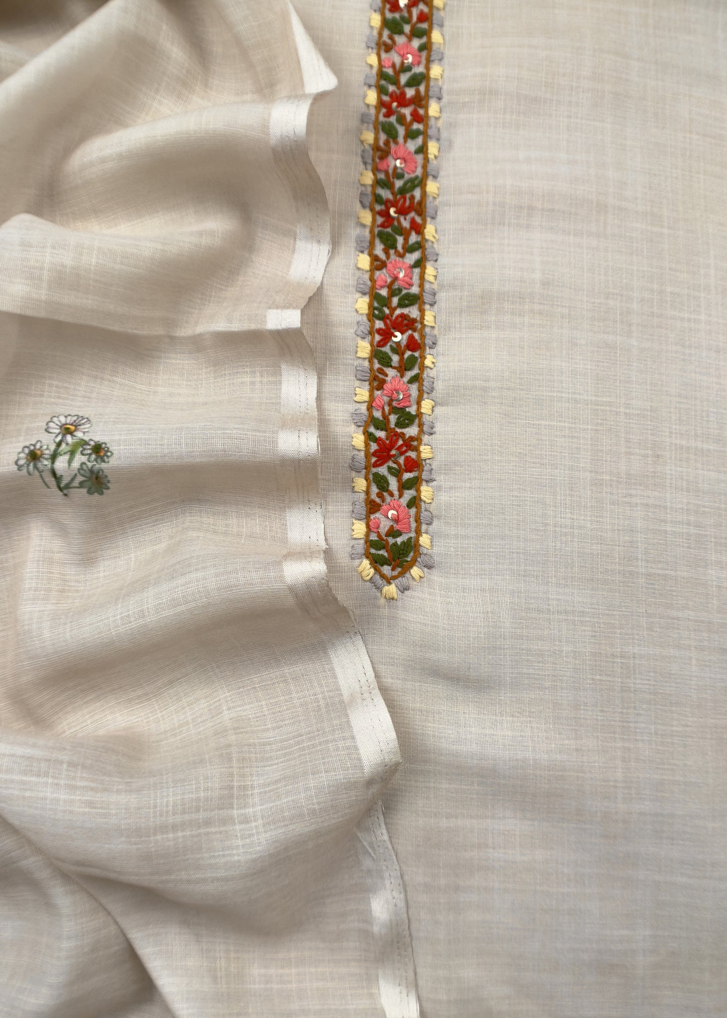 Fawn Linen Deer Suit Fabric With Kantha Hand Embroidery