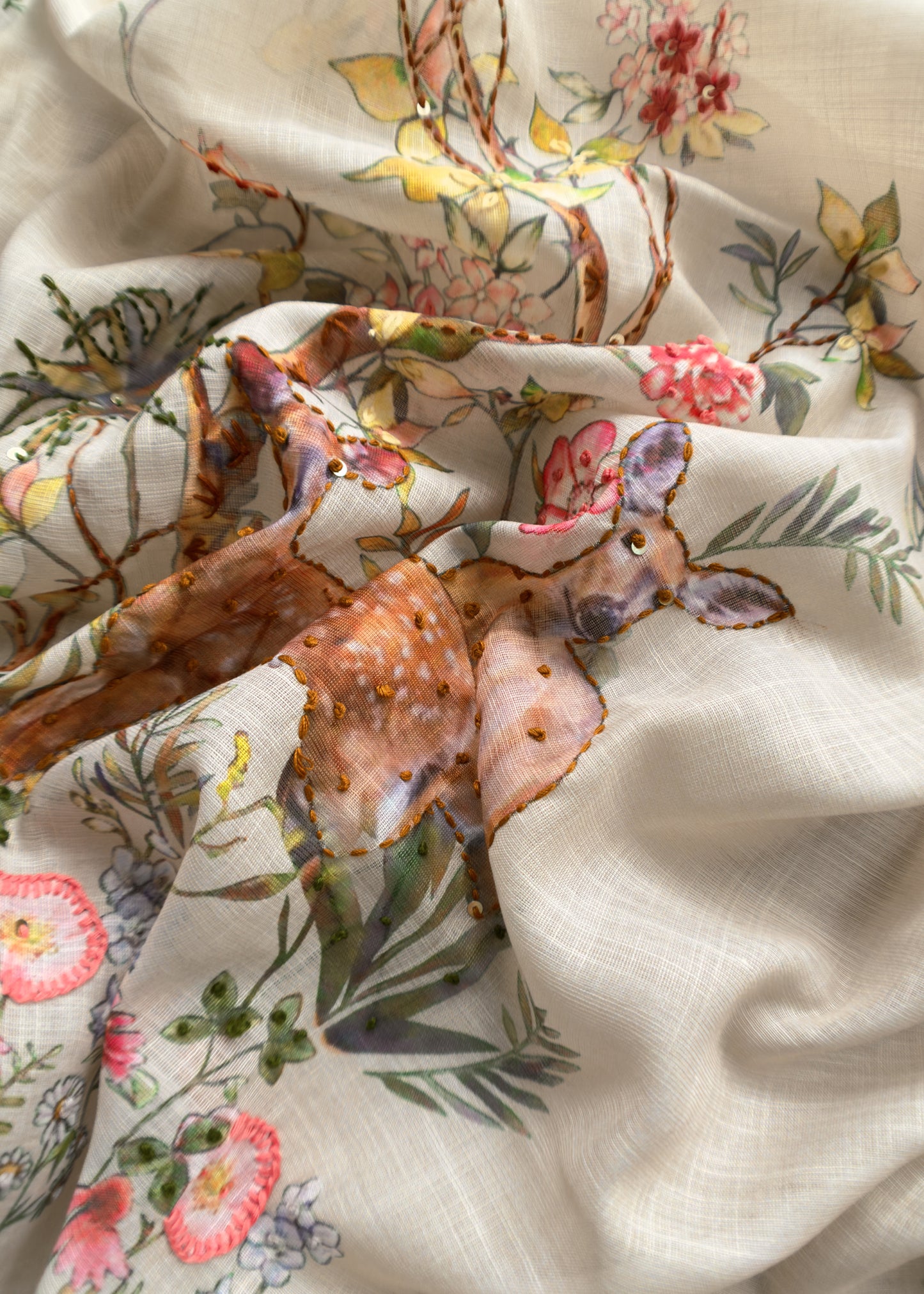 Fawn Linen Deer Suit Fabric With Kantha Hand Embroidery