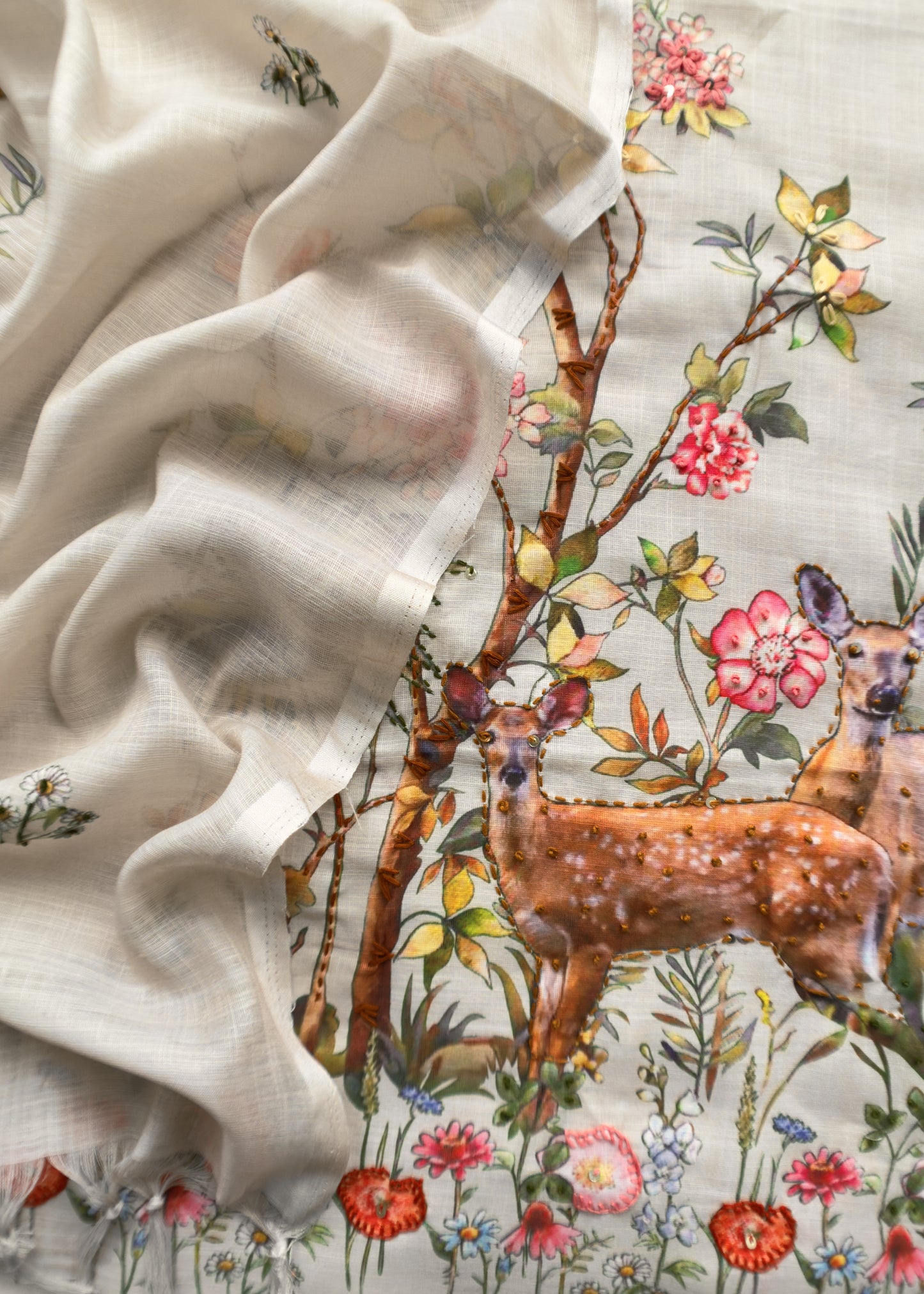 Fawn Linen Deer Suit Fabric With Kantha Hand Embroidery