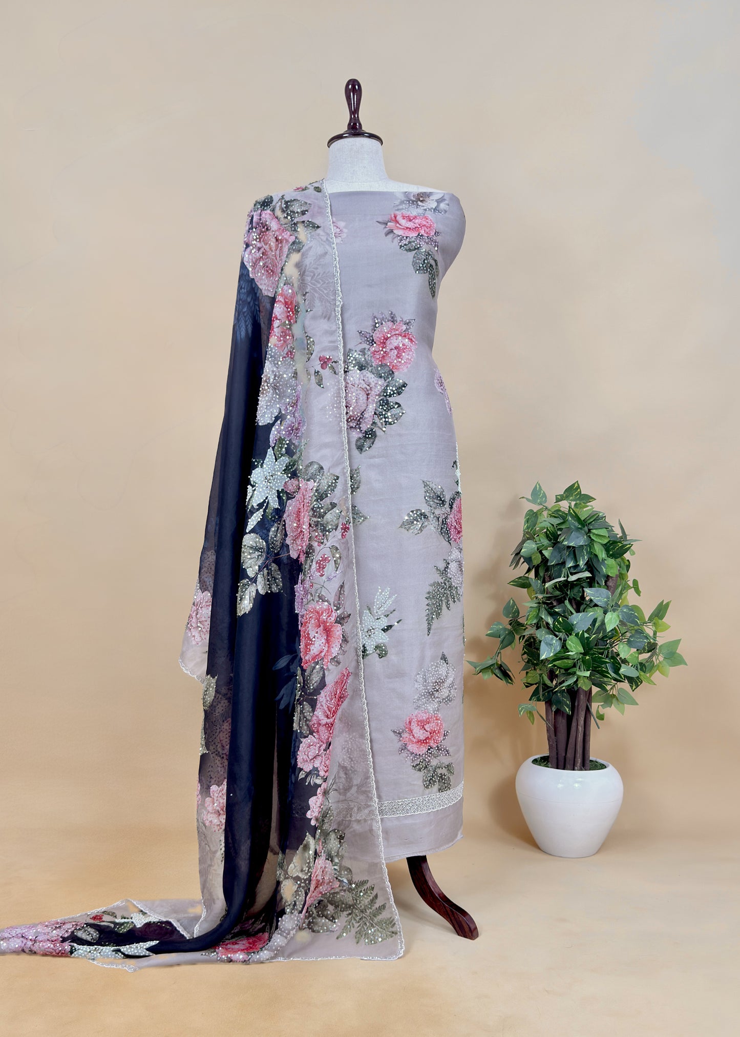 Floral Paradise Cheeku Charcoal Floral Sequin Suit In Pure Kora Silk Fabric