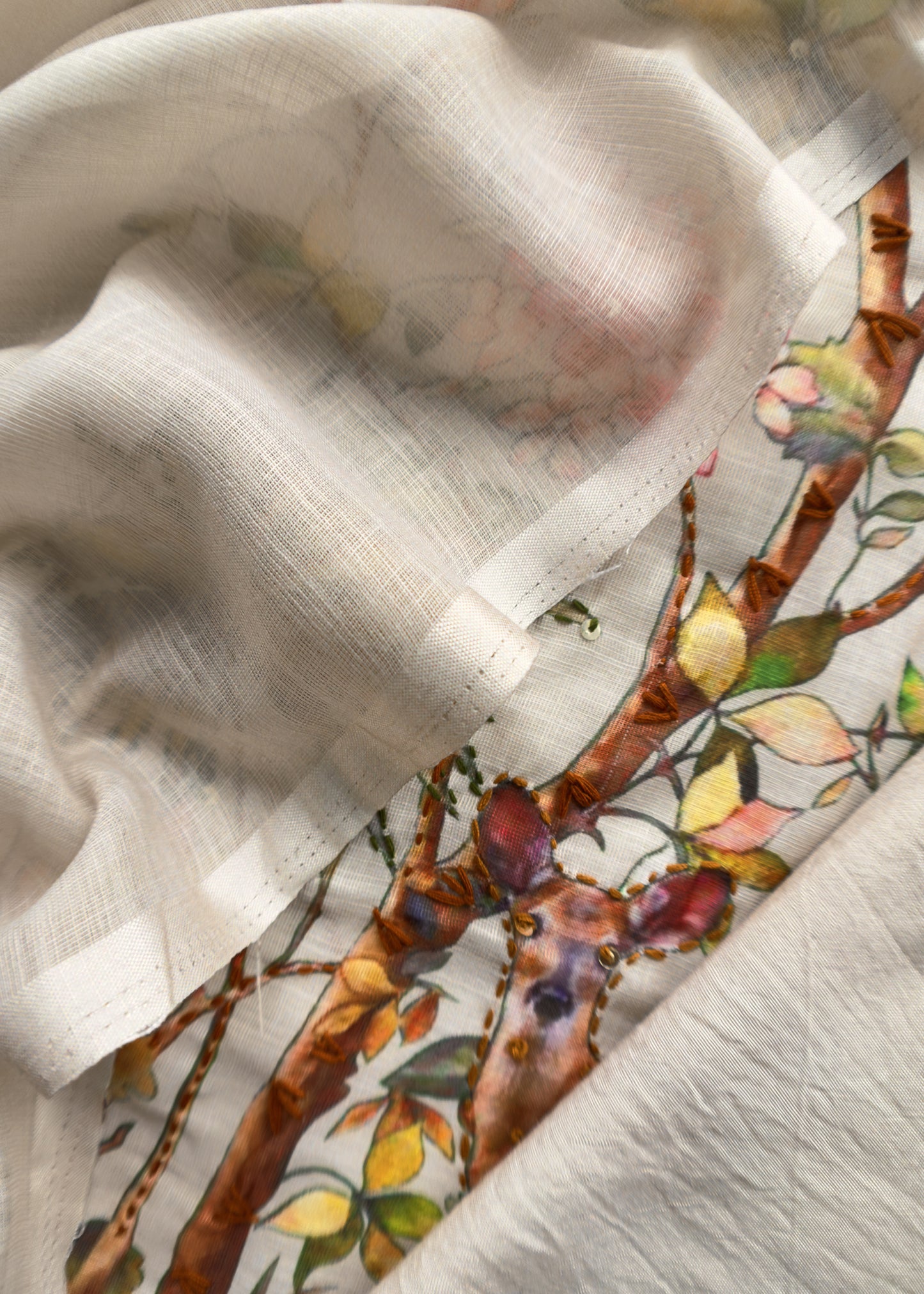 Fawn Linen Deer Suit Fabric With Kantha Hand Embroidery